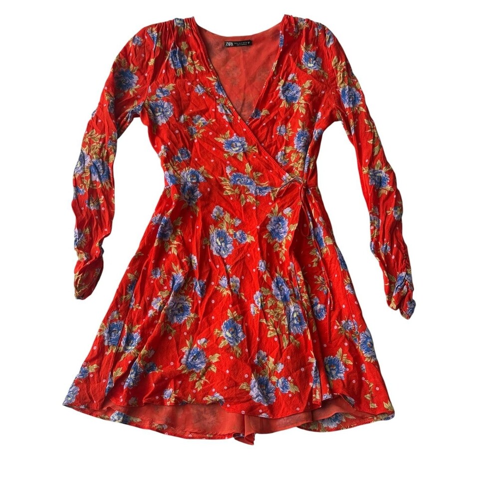 ZARA Red Floral Mini Dress Women’s Size M Long Sleeve Tie Front Boho